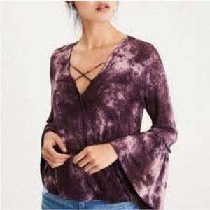 Women's Small Purple Tie-Dye Top Faux Wrap Bell Sleeve American Eagle AEO